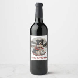 Vrolijke Kerst Border Collie Dog Snowman Wijn Etiket