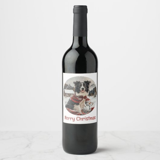 Vrolijke Kerst Border Collie Dog Snowman Wijn Etiket (Voorkant)