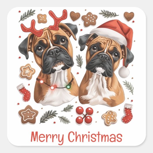 Vrolijke kerst Boxer Honden Vierkante Sticker (Voorkant)