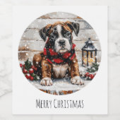 Vrolijke kerst Boxer Puppy Wijn Etiket (Enkel label)