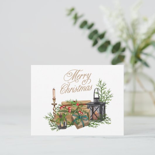 Vrolijke Kerst  Cadeaus, Decor en kaarsen Feestdagenkaart (Staand voorkant)