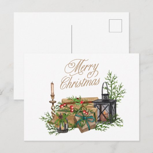 Vrolijke Kerst Cadeaus, Decor en kaarsen Feestdagenkaart (Voorkant / Achterkant)