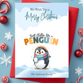 Vrolijke kerst cartooneske chillin als een pinguïn feestdagen kaart