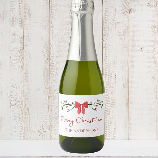 Vrolijke Kerst Chic Coquette Rode Boog Gepersonali Sparkling Wijnetiket