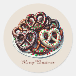 Vrolijke kerst chocolade bedekt pretzels ronde sticker