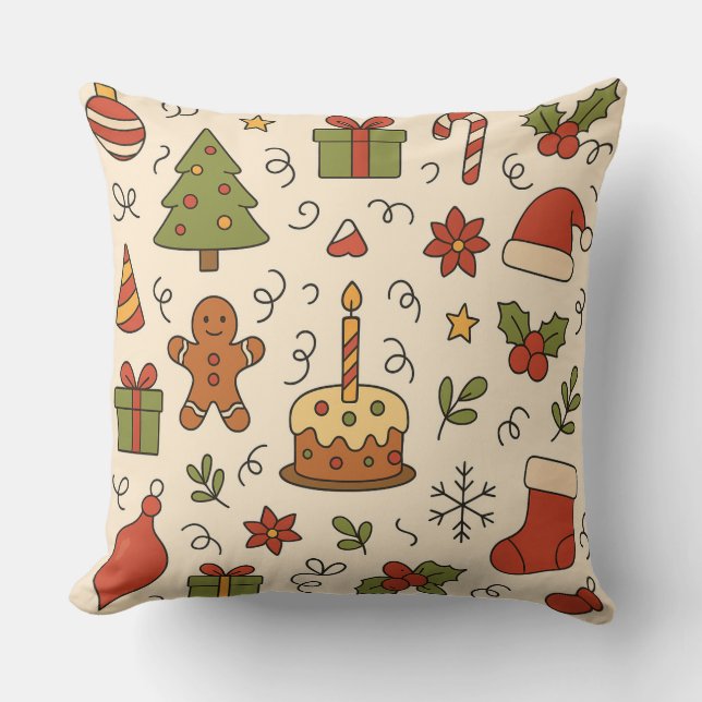 Vrolijke Kerst Doodle Patroon Kussen (Voorkant)