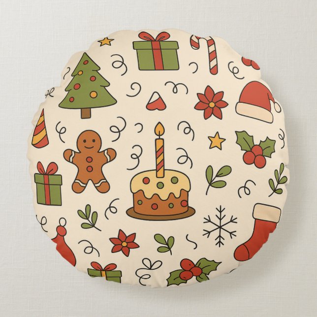 Vrolijke Kerst Doodle Patroon Rond Kussen (Voorkant)