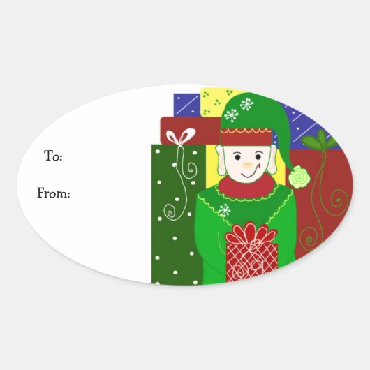 Vrolijke Kerst Elf Ovale Sticker (Voorkant)