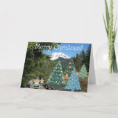 Vrolijke kerst elfen en versierde bomen feestdagen kaart (Voorkant)