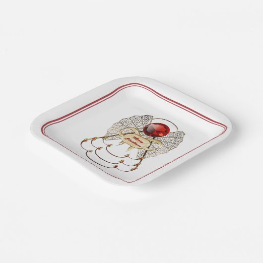 Vrolijke kerst engel rood/goud filigraan papieren bordje (Gebogen)