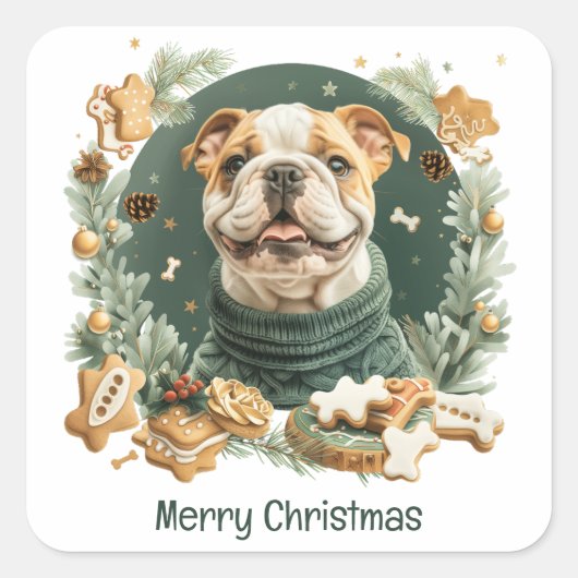 Vrolijke kerst Engelse Bulldog Vierkante Sticker (Voorkant)