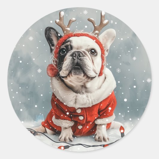 Vrolijke kerst Franse Bulldog Rendieren Hond Ronde Sticker (Voorkant)