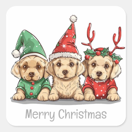 Vrolijke Kerst Gele Labrador Retriever Honden Vierkante Sticker (Voorkant)