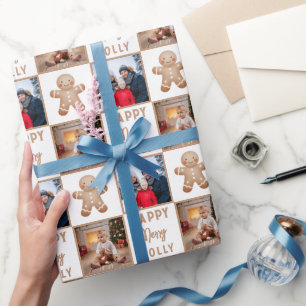 Vrolijke Kerst Gingerbread Familie 2 Foto Kerstmis Cadeaupapier
