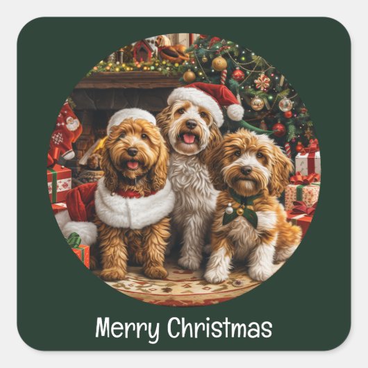 Vrolijke Kerst Goldendoodle Puppy Honden Vierkante Sticker (Voorkant)