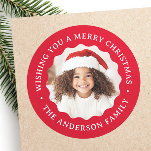 Vrolijke kerst golvende grens rode foto ronde sticker