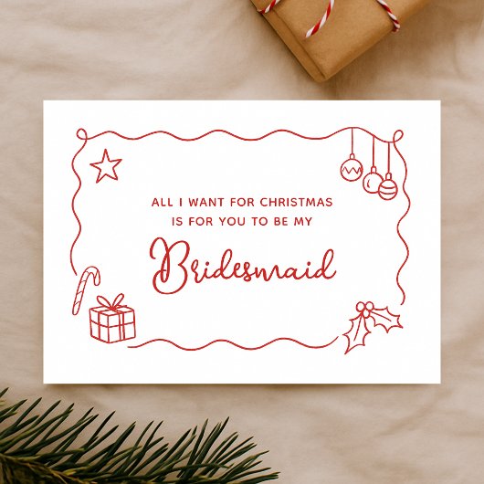 Vrolijke Kerst Handgetekende Bruidsmeisje Aanzoek Kaart