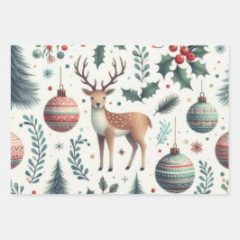 Vrolijke kerst herten en bessen inpakpapier vel