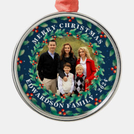 Vrolijke kerst holly bessen familie foto metalen ornament