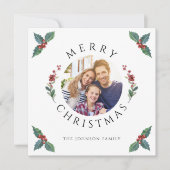 Vrolijke kerst Holly Botanische Foto Feestdagenkaart (Voorkant)