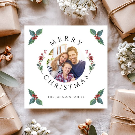 Vrolijke kerst Holly Botanische Foto Feestdagenkaart