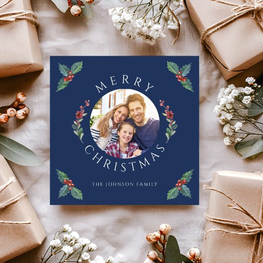 Vrolijke kerst Holly Botanische Foto Feestdagenkaart