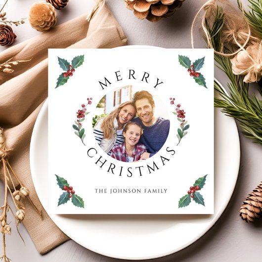 Vrolijke kerst Holly Botanische Foto Feestdagenkaart