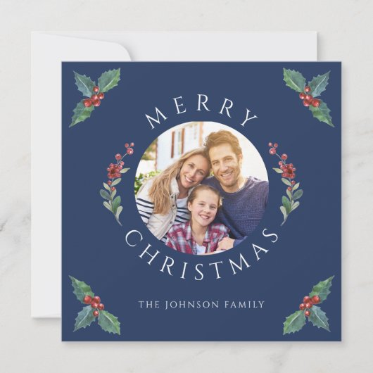Vrolijke kerst Holly Botanische Foto Feestdagenkaart (Voorkant)