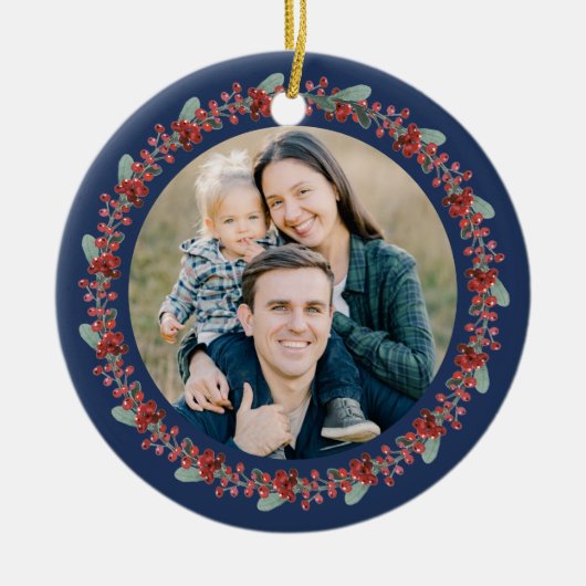 Vrolijke kerst Holly Botanische Foto Keramisch Ornament (Voorkant)