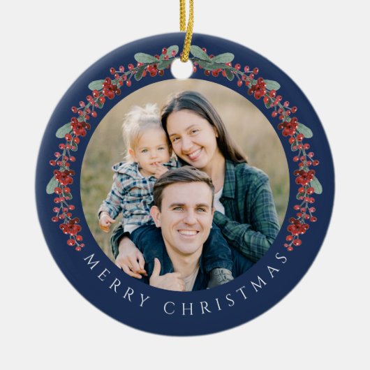 Vrolijke kerst Holly Botanische Foto Keramisch Ornament (Voorkant)