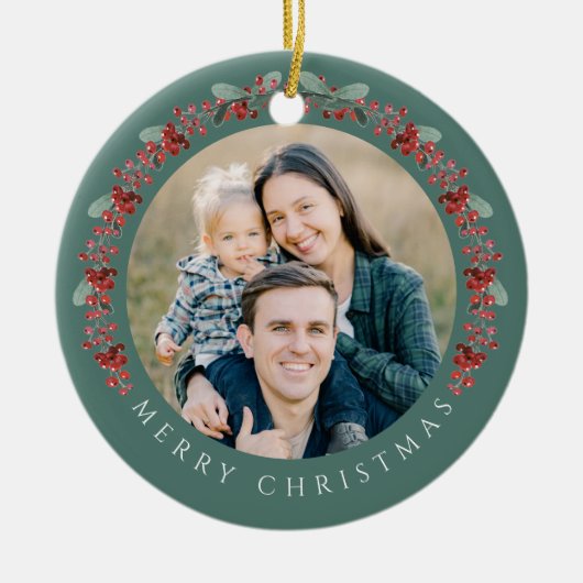 Vrolijke kerst Holly Botanische Foto Keramisch Ornament (Voorkant)