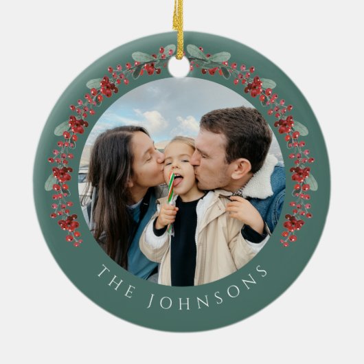 Vrolijke kerst Holly Botanische Foto Keramisch Ornament (Achterkant)