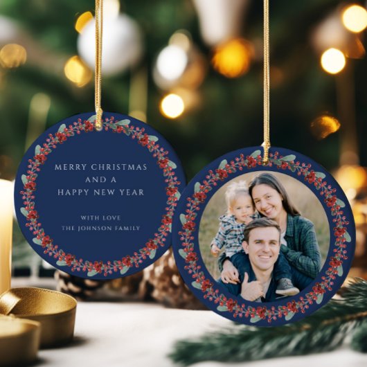 Vrolijke kerst Holly Botanische Foto Keramisch Ornament