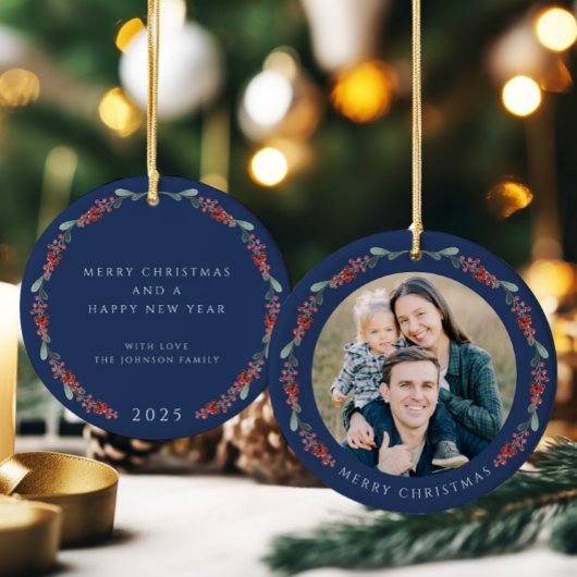 Vrolijke kerst Holly Botanische Foto Keramisch Ornament