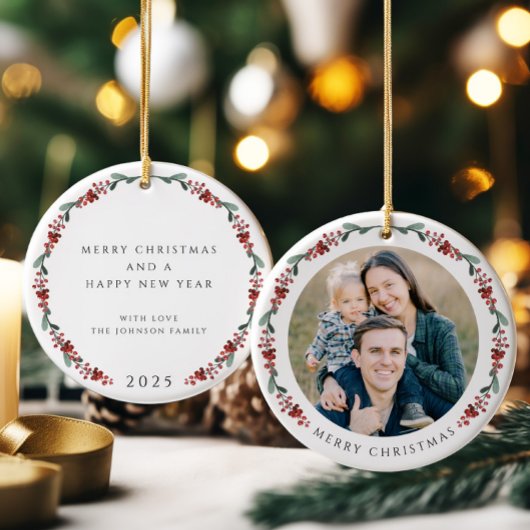Vrolijke kerst Holly Botanische Foto Keramisch Ornament