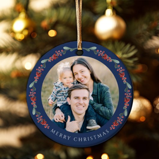 Vrolijke kerst Holly Botanische Foto Keramisch Ornament