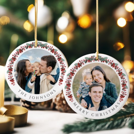 Vrolijke kerst Holly Botanische Foto Keramisch Ornament