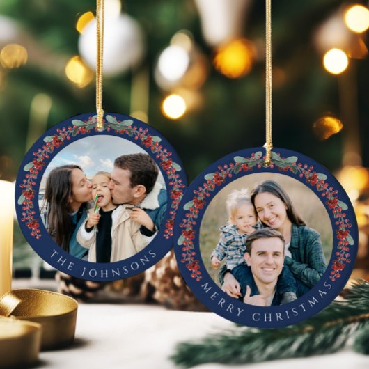 Vrolijke kerst Holly Botanische Foto Keramisch Ornament