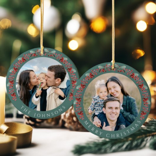 Vrolijke kerst Holly Botanische Foto Keramisch Ornament