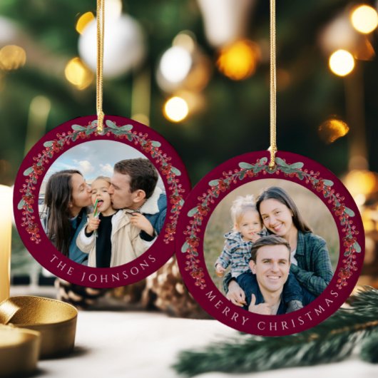 Vrolijke kerst Holly Botanische Foto Keramisch Ornament