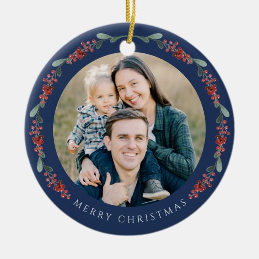 Vrolijke kerst Holly Botanische Foto Keramisch Ornament (Voorkant)