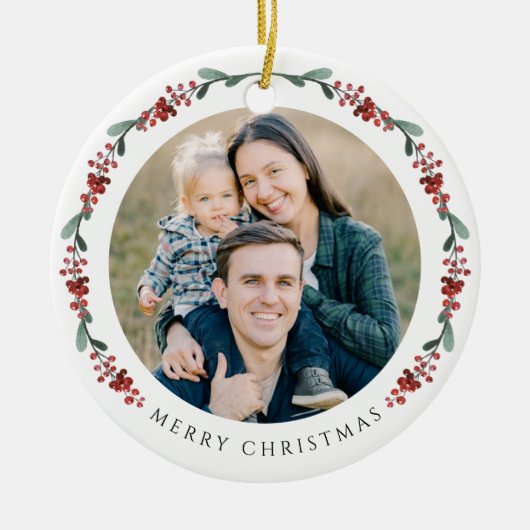 Vrolijke kerst Holly Botanische Foto Keramisch Ornament (Voorkant)