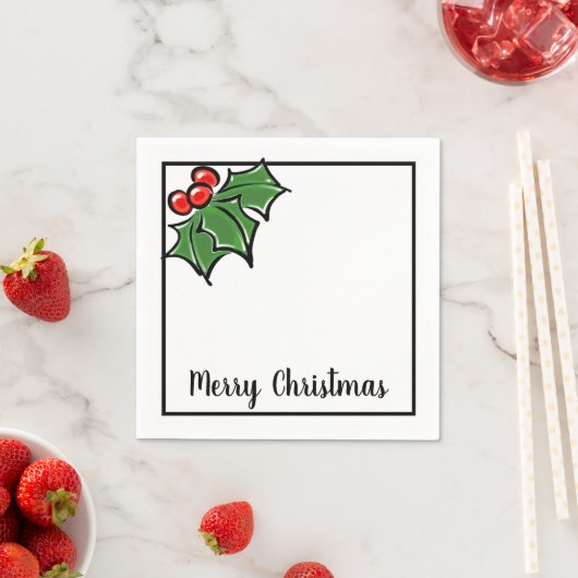 Vrolijke kerst hulst bladeren bessen servet (Insitu)