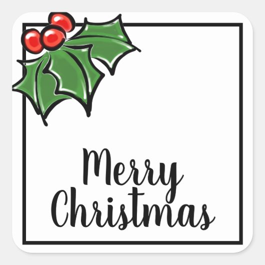 Vrolijke kerst hulst bladeren bessen vierkante sticker (Voorkant)