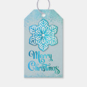Vrolijke kerst iriserende blauwe sneeuwvlok cadeaulabel (Voorkant)
