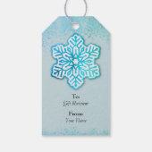 Vrolijke kerst iriserende blauwe sneeuwvlok cadeaulabel (Achterkant)