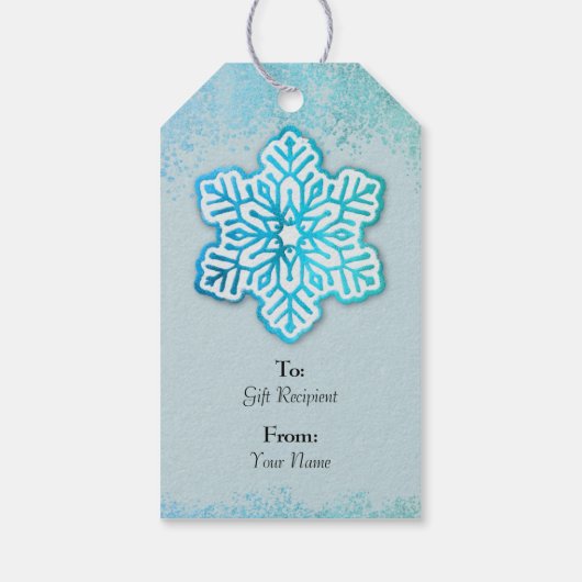 Vrolijke kerst iriserende blauwe sneeuwvlok cadeaulabel (Achterkant)