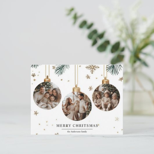 Vrolijke kerst Kaart met drie Ornamenten foto's (Staand voorkant)