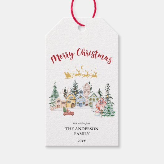 Vrolijke kerst Kaart | Sneeuw Winter House Scene Cadeaulabel (Voorkant)