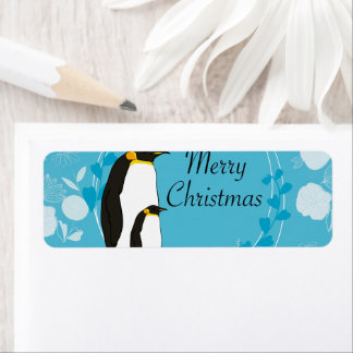 vrolijke kerst, kerst, pinguïn, bloemen, blauw, etiket